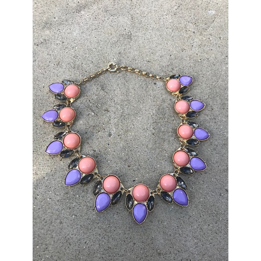 Vintage Rhinestone and Plastic Cabochon Statement Necklace Orange and‎ Lavender